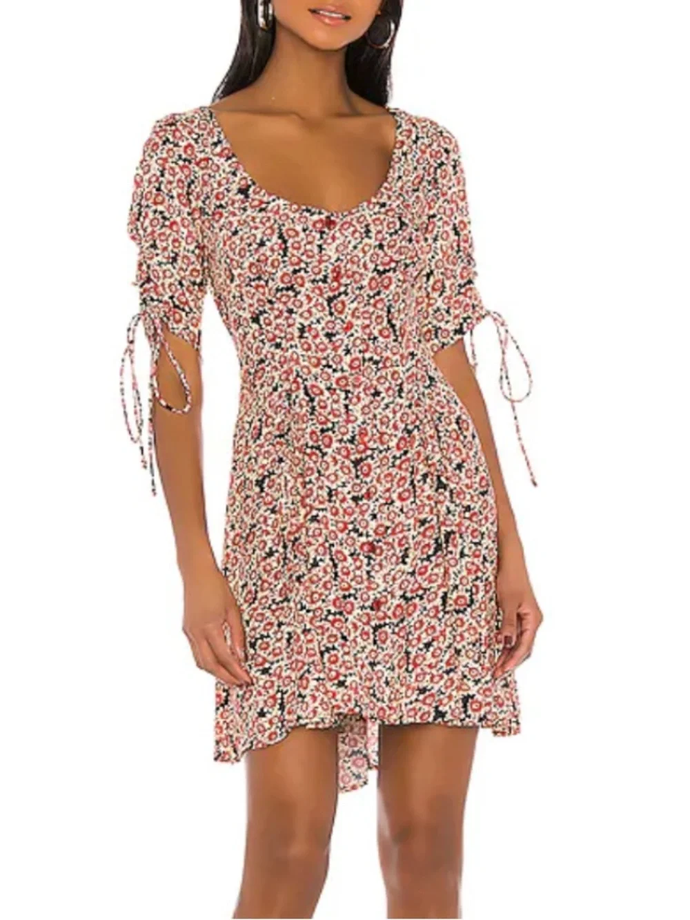 Free People Lace Up Mini Black Combo Dress Buttoned Front Ditsy Floral Print S